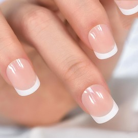 IKISKT Press on Nails Medium Square, Spring Handmade Jelly Gel Nails Polish Glue on Nails, 24Pcs Reusable UV Finish Fake Nails Acrylic Soft UV Gel False Nails Manicure Kits for Women Girl, Pink Nude