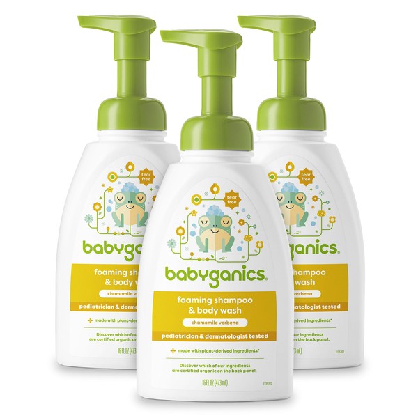 Babyganics Baby Shampoo + Body Wash Pump Bottle, Chamomile Verbena, Non-Allergenic and Tear-Free, 16 Fl Oz (Pack of 3), Packaging May Vary