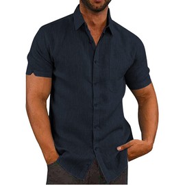 JEKAOYI Button Down Short Sleeve Linen Shirts for Men Summer Casual Cotton Spread Collar Beach Shirts (Navy Blue, Large)