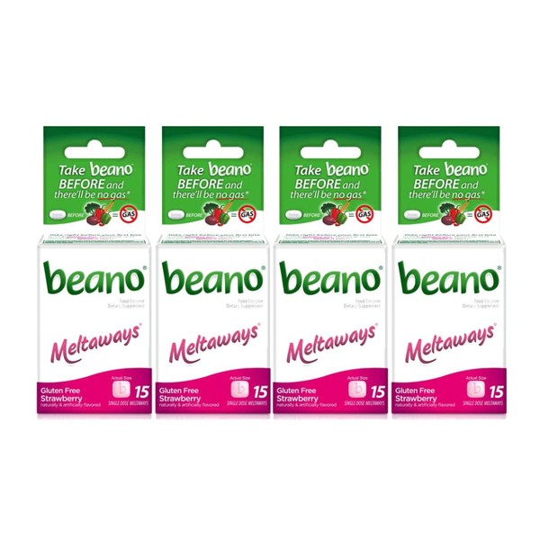 Beano Gas Prevention Strawberry Flavored Meltaways 15 Tablets (Pack of 4)
