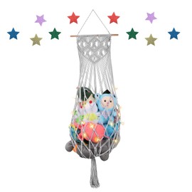Stuffed Animal Storage w/ LED Star Light, 63 Inch Jumbo Toy Hammock Wall Ceiling Over Door Hanging Organizer Net for Stuffed Animals, Gray Stuffed Animals Hammock Corner for Kid Girls Boys Gift