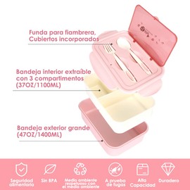 SlowTon Loncheras para Niños Adultos Gran Capacidad, Caja Bento de Fugas con Compartimentos y Termo de Sopa, Caja Fiambrera Sellada Kit para Microondas y Cubiertos (Rosa-Conejo, 27PCS)
