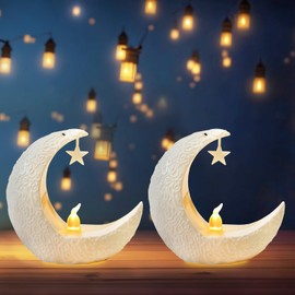 Hying 2 Pieces Ramadan Lanterns Decoration Festival Table Lamp Eid Mubarak Flameless Candle Lanterns Eid-ul-fitr Ramadan Moon Star Lamp for Home Tabletop Decor-White
