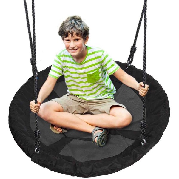 Outdoor Spinner Saucer Tree Swing - Hanging Tree Round Circular Flying Saucer in Rope Straps w/ Cushion Padded Metal Frame, Polyester Fabric Seat, Great for Kids, Adult - SereneLife SLSWNG100