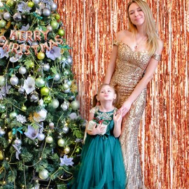 Rose Gold Tinsel Backdrop Party Decorations 3.3x8.2ft, 2 Pack Foil Fringe Curtains for Birthday, Door Streamers Decorations Hanging for Baby Shower Wedding Bachelorette Graduation