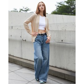 Argstar Women's Beige Cardigan Sweater with 4 Pockets, Knit Long Sleeve Casual Lightweight Open Front M