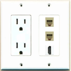 Wallplate City 15 Amp Power Outlet 2 Port RJ11-12-Phone 1 HD Jack F-F Wall Plate White