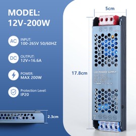 SUCIKORIO 12V 200W LED Power Supply, Ultra Slim LED Transformer 100-265V AC to 12V DC 16.6A Quiet Low Volt LED Driver Constant Voltage Driver Adapter for LED Strip Lights, Garden Light, Wall Lamp
