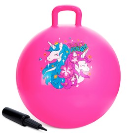 ZOOJOY Hopper Ball, Pink Bouncy Balls for Kids, 20 Inch Sit on Jumping Toys with Handle for Girls Gift Aged 6-12, Inflatable Unicorn Bounce Hopper Balls Toy with Pump