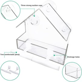 Window Bird Feeder 2 Pack, Bird House for Outside with 2 Rod, Small Acrylic Window Bird Feeder with Strong Suction Cups and Drain Holes 5.9 * 2.4 * 5.9 inch