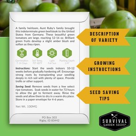 Colorful Heirloom Tomato Seeds – 5 Variety Pack with Rare Non-GMO Tomatoes for Planting | Black Krim, Cherokee Purple, Hillbilly, Aunt Ruby’s Green, Great White - Survival Garden Seeds