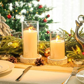 Ronasip Set of 2 Hurricane Candle Holders with Wood Base & Glass Cylinder (4.2x5.9” & 4.6x7.8”) – Rustic Wooden Candle Holders for Home Decor, Weddings, Table Centerpieces