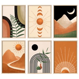 Gisipameis Boho Wall Art Set of 6, Mid Century Modern Decor 8" x 10" Unframed, Sun Moon Palm Leaf Black Beige Neutral Abstract Geometric Boho Wall Decor Canvas Prints for Bedroom Living Room Bathroom