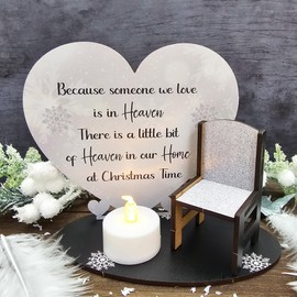 Celebrate Loved Ones with Our 'Because Someone We Love is in Heaven' Heart on Stand with Miniature Chair - Gold Snowflake Christmas Memorial and Remembrance Keepsake (Silver Snowflakes)