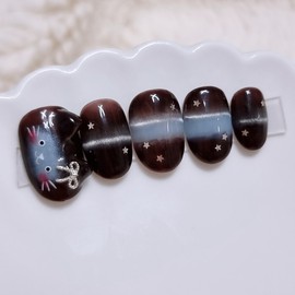 Brown Sky Cat Handmade Nail Tips - Short Square / 브라운 스카이 고양이 수제네일팁 - 숏스퀘어