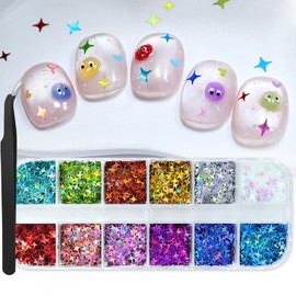 Pink Black White Nail Glitter for Nail Art - Heart Star Butterfly Rabbit Polka dots Round Nail Art Glitters Sequins - 12 Grids Cute Nail Glitters with Tweezers for Women Girls Manicure