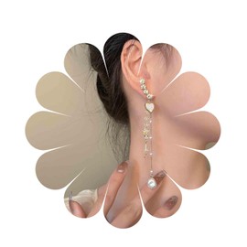 Inilbran Boho Long Pearl Earrings Gold Long Tassel Beads Drop Earrings Vintage CZ Crystal Ear Climber Earrings Crystal Chain Earrings Jewellery for Women and Girls