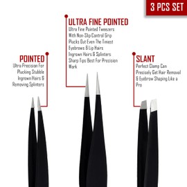 HB Professionals Tweezers Set With Case - Premium Stainless Steel Tweezers For Eyebrows - Perfect Precision For Facial Hair, Splinter & Ingrown Hair Removal - For Women & Men - 3 PCS SET (Black)
