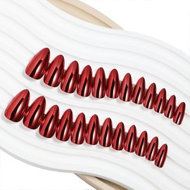 ANDGING Chrome Red Press on Nails Short Medium Almond Fake Nails with Glossy Designs Acrylic Manicure Full Cover Glue on Nails Fantasy False Nails for Wedding Gel Pressons Stick on Nails for Women