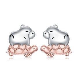 Midari Sterling Silver Capybara & Turtle Stud Earrings - Cute Small Animal Earrings for Women - Capybara Lover