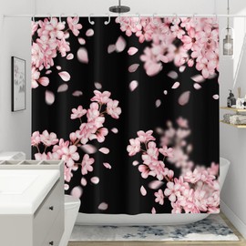 Hnmdmyi Shower Curtain Cherry Blossoms 180 x 200 cm, Pink Flowers Japanese Asian Style Sakura Aesthetic Art Black Bath Curtain Waterproof Polyester Fabric Washable Bath Curtain with Hooks