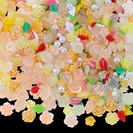 400 Pieces Camellia Flower Nail Charms for Acrylic Nails 3D Rose Floral Nail Gems Pink Leaf Nail Accessories White Pearls Nail Supplies for Women Nail Art Design (Yellow)