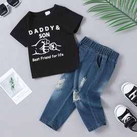 SOLOYEE Baby Boys Outfits Clothes Sets Infant Fashion 2 Pcs Letter Pattern Short Sleeve Hooded Sweatshirt and Jeans Pants 18-24 Months, Short-Black