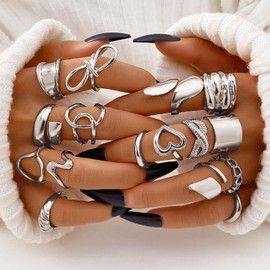 IFKM Gold Chunky Rings Set for Women 14k Gold Plated Thick Dome Stackable Open Rings Trendy Dainty Minimalist Jewelry Gifts (Geometric metal, Silver)