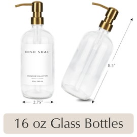 Emerson Essentials Soap Dispenser, Dish Bottles for Kitchen - Soap Bathroom Set, Glass Bottle Dispenser with Pump and Labels, 16 Oz | 2-Pack