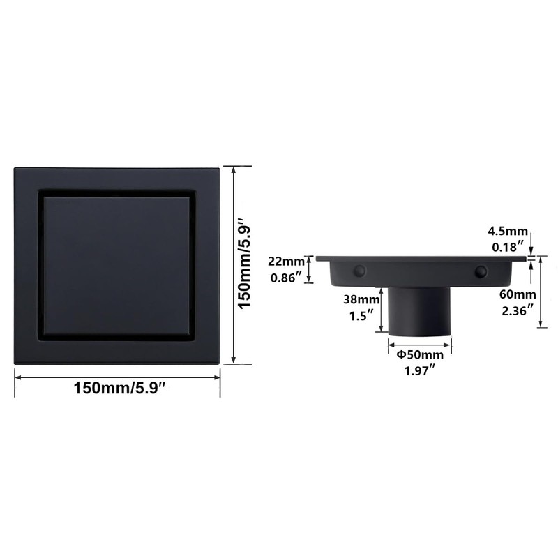 RANDOM Black Shower Drain Square with Removable Tile Insert 6