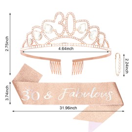 Ondder Rose Gold Birthday Sash and Crown Tiara for Women 30th Birthday Tiara and Crown for Women