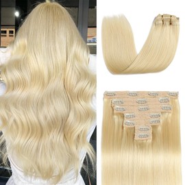 Mocona Clip in Hair Extensions Real Human Hair, Bleach Blonde – 16 Inch 7pcs 70g/Pack, Soft Real Remy Human Hair Clip in Extensions Straight for Women, Suitable for all Hair Types (#613 16 Inch)