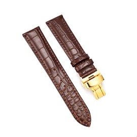DISMAY Watch Band Strap Genuine Leather Alligator Patterned (20mm, Brown & Gold Butterfly Buckle)