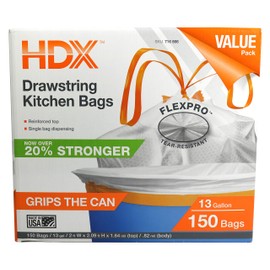 HDX 716866 13-Gallon Drawstring .9 Mil Tear Resistant Expandable Kitchen Trash Bag w/ Dispensing Container (150 Count) [Packaging May Vary]