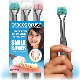 SMILE SAVER 360° Braces Brush 3-Sided Toothbrush 3PK | Orthodonic Bracket Cleaning + Tongue Cleaner | Adults Children Braces Travel | Made in The USA (Charcoal Handles)