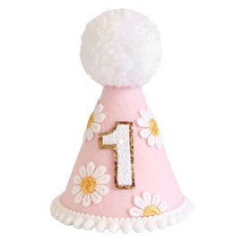 Yoolhamy 1st Birthday Hat for Baby Girls Boys, Boho First Birthday Hat, Handmade One Birthday Crown Conical Cap Decorations (daisy pink)