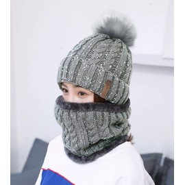 Generic Women's Winter Hat Scarf Set, Warm Soft Inner Lining Knitted Hat and Scarf with Fleece Lining, Winter Warm Beanie Hat Knitted Scarf Set, Tube Scarf Hats Hats with Faux Fur Bobble Pom,