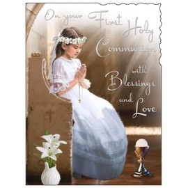 Jonny Javelin First Holy Communion Congratulations Card for Girls - Communion Congratulations Card with Artistic Girl in Church Design and Embossed Foil Details