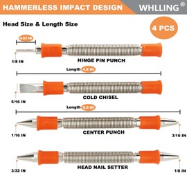 WHLLING 4 Pieces Dual Head Nail Setter, Dual Head Center Punch, Door Hinge Pin Removal Tool and Cold Chisel, Spring Nail Set, Spring Loaded Punch（1/8-in, 3/32-in, 3/16-in, 1/16-in, 5/16-in, 1/8-in）