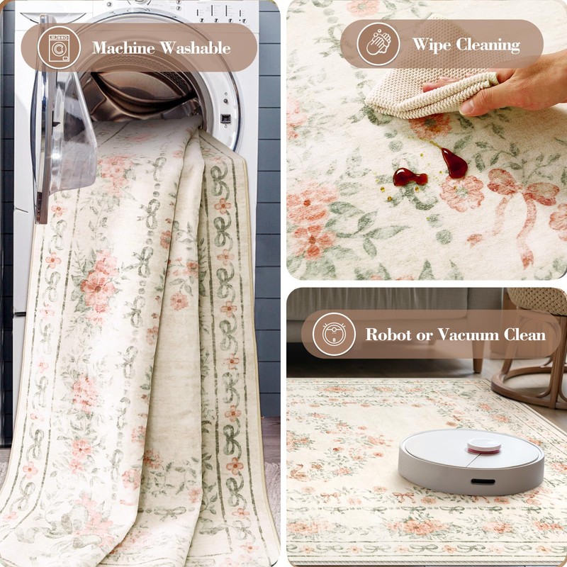 Wonnitar Floral Bow Pink Rug for Bedroom, Washable 5x7 Area