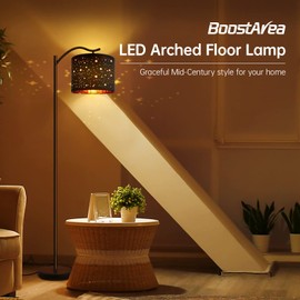 BoostArea Floor Lamp for Living Room,8W LED Arched Tall Modern Standing Lamp with Bohemian Linen Shade, E26 Socket, Footswitch,Black Mid Century Floor Lamp for Bedrooms,Office,Star Shade