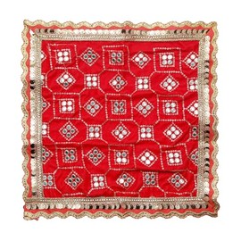 Decorative Mat Aasan Velvet Pooja Cloth Aasan Decorative Cloth (Size:-19 Inches X 19 Inches) for Multipurpose Indian Traditional Ethnic Festival New Year Decorations Item and Pooja Article (Red)