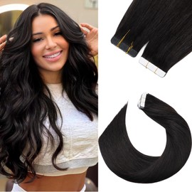 Silk-co Tape in Hair Extensions Human Hair Remy Real Hair Extension 18inch Invisible Straight Seamless Skin Weft With Glue Straight Silky Soft 10 Pieces*1.5g 15g/Set - #1B Natural Black