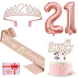 Amosking Amosking 21st Birthday Decorations for her, Including 21st Birthday Sash and Tiara, Cake Topper and Candles, Rose Gold Number Balloons, 21 Year Old Gifts for Her