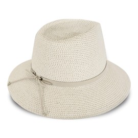 Lucky Brand Women's Summer Straw Wide Brim Boater Panama Adjustable Hat (One Size Fits Most), Leather Tie-Cream, Leather Tie - Cream, One Size