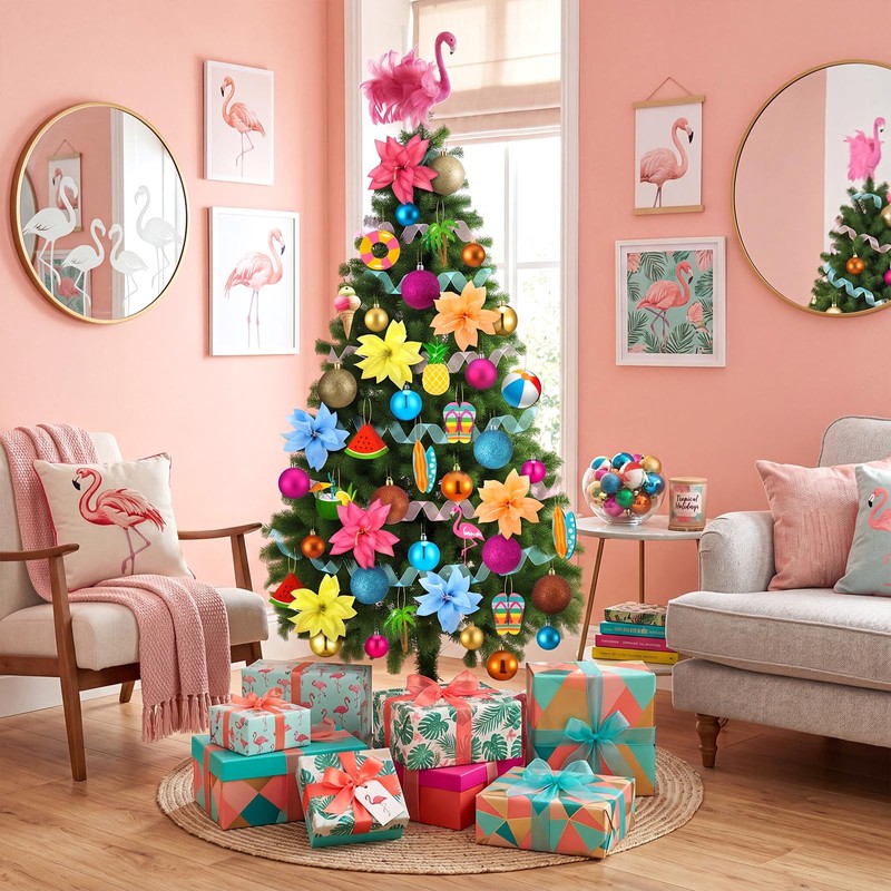 Seenelling 65 Pcs Summer Christmas Tree Ornaments, Tropical Flamingo Decor