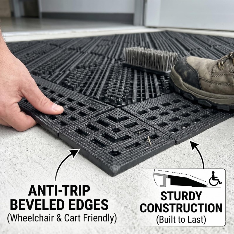 BOVEU Heavy-Duty Outdoor Door Mat Shoe Brush Scraper– Modular Interlocking
