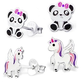 2 Pairs of Stud Earrings Set Girls 925 Silver with Enamel Unicorn, Sterling Silver Sterling silver enamel, No Gemstone