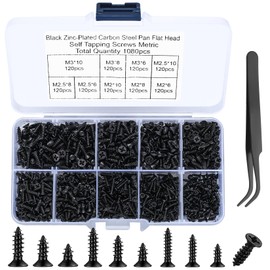 1080 Pieces Small Self-Tapping Screws, M2/M2.5/M3 Wood Screws, 6 mm/8 mm/10 mm Flat Head Cross Head Tapping Screws Set for Office Equipment, Wooden Furniture. (Black)