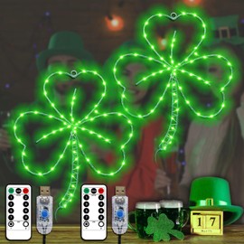 YAOZHOU St Patricks Day Decorations,Irish Shamrock Clover LED Window Lights,13.2IN 58LED Irish Green Iron Frame Silhouette Lights, USB Powered Remote Control, Wall Indoor Outdoor Party Favors（2PACK）